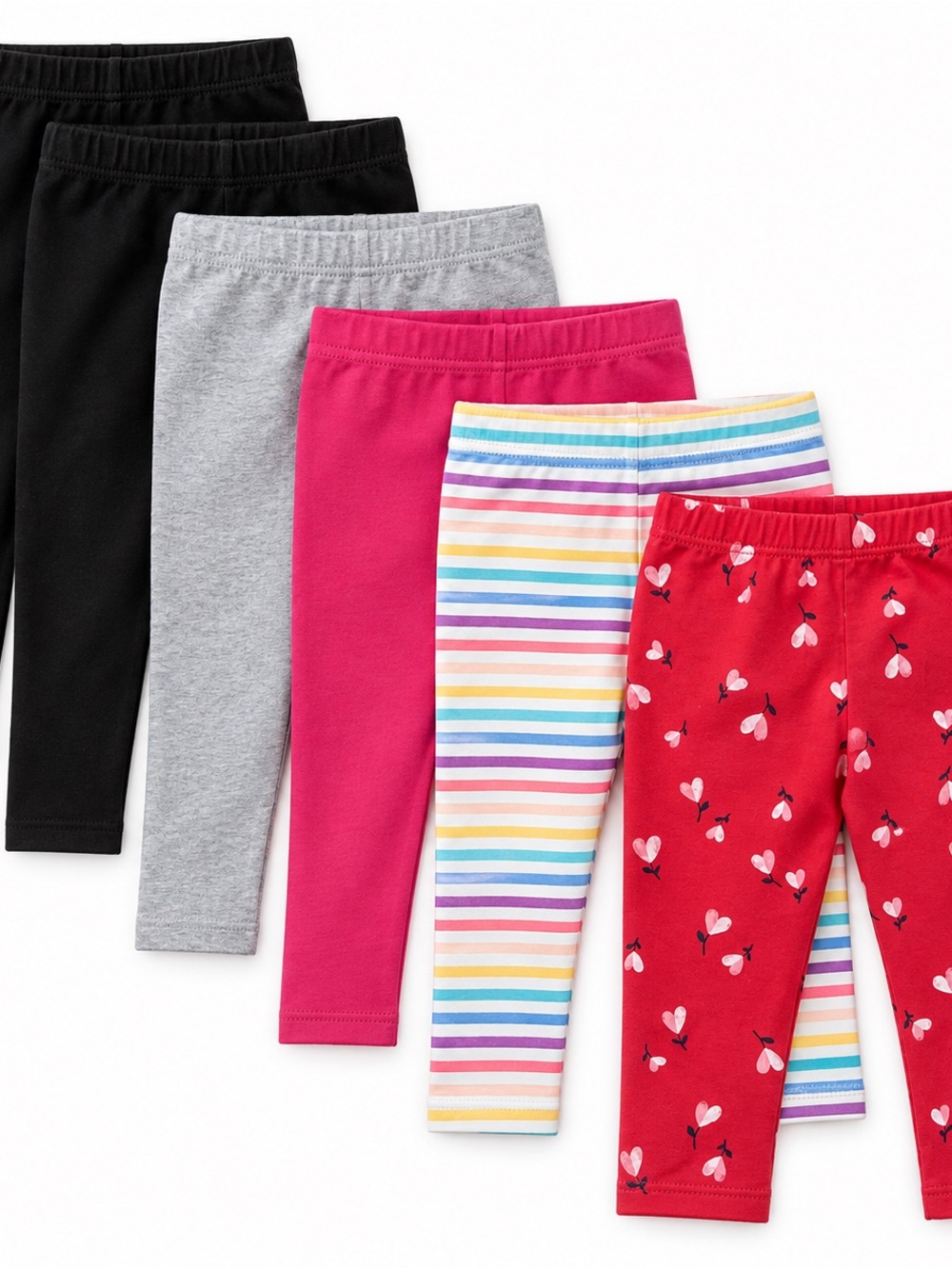 Kids 6-Pack Cotton Stretch Leggings - Black, Gray, Pink, Rainbow, Red hearts